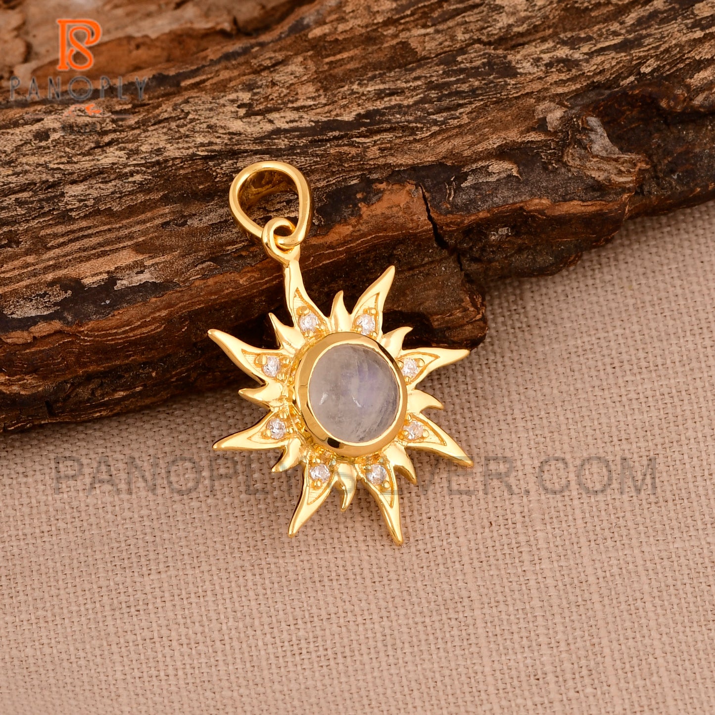 Gold Sun Charms Rainbow Moonstone 18K Gold Pendant