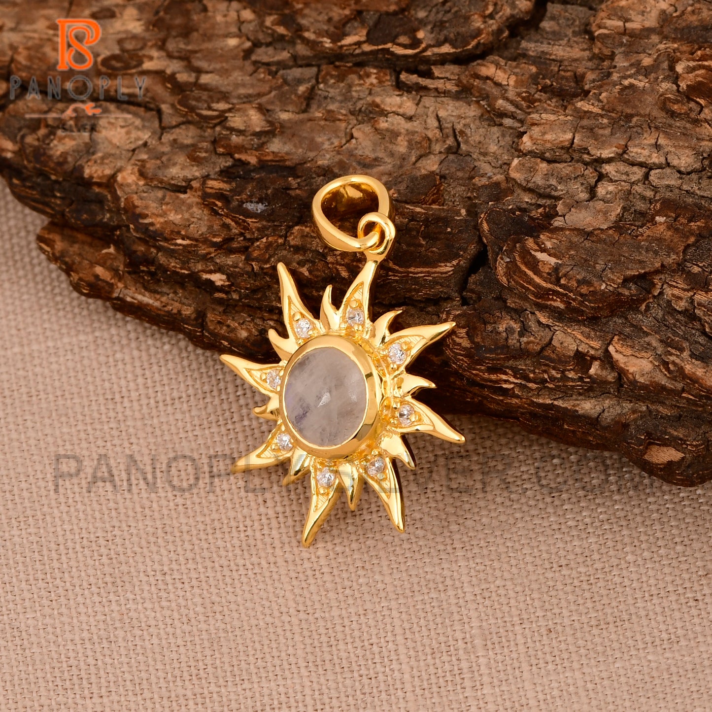 Gold Sun Charms Rainbow Moonstone 18K Gold Pendant