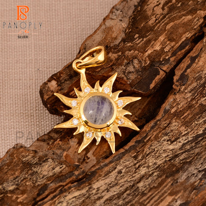 Gold Sun Charms Rainbow Moonstone 18K Gold Pendant