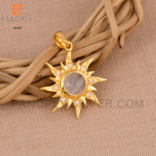 Gold Sun Charms Rainbow Moonstone 18K Gold Pendant