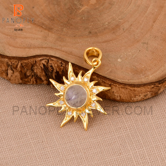 Gold Sun Charms Rainbow Moonstone 18K Gold Pendant