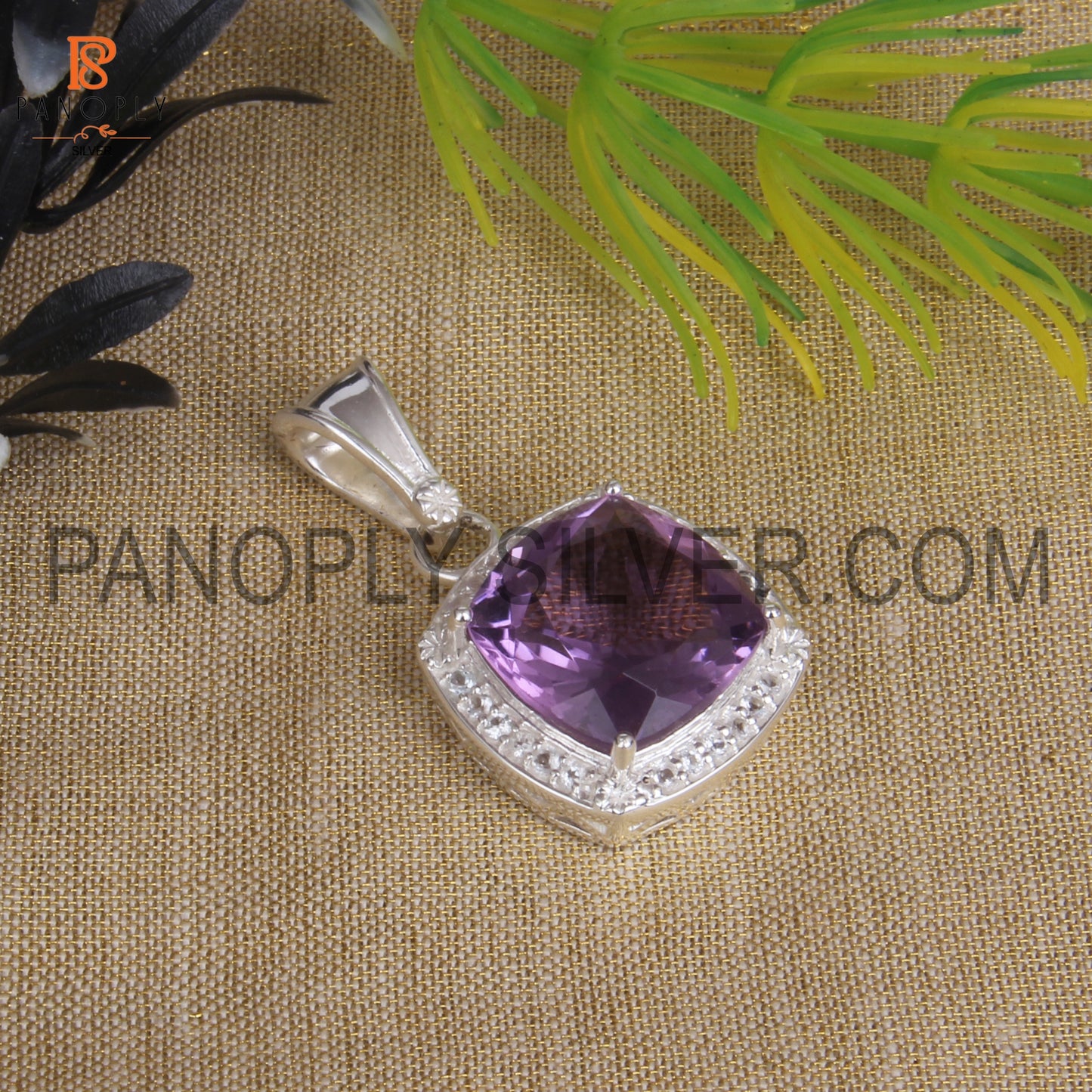 Faceted Cut Amethyst Studded White Topaz 925 Silver Pendant