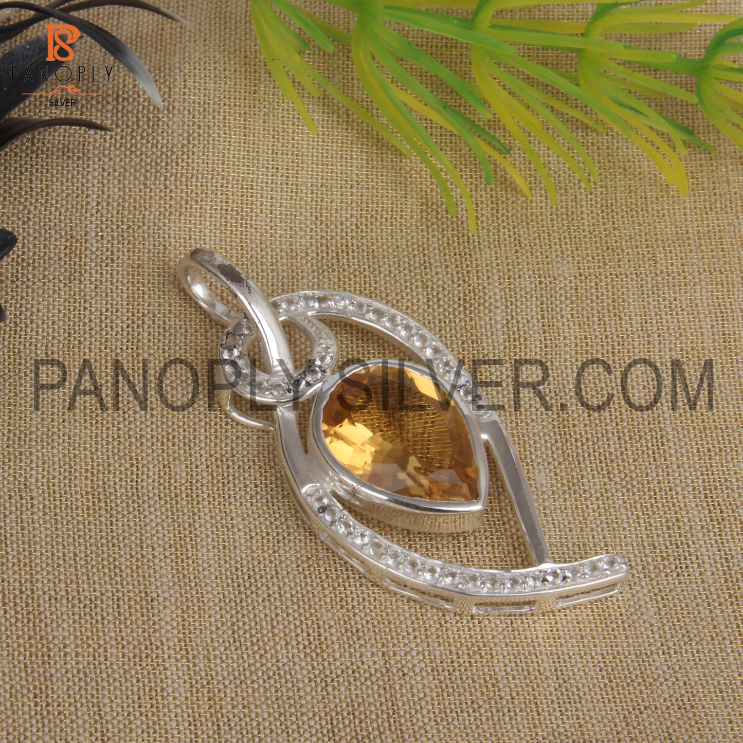 Ladies 925 Silver Genuine Citrine And White Topaz Design Pendant