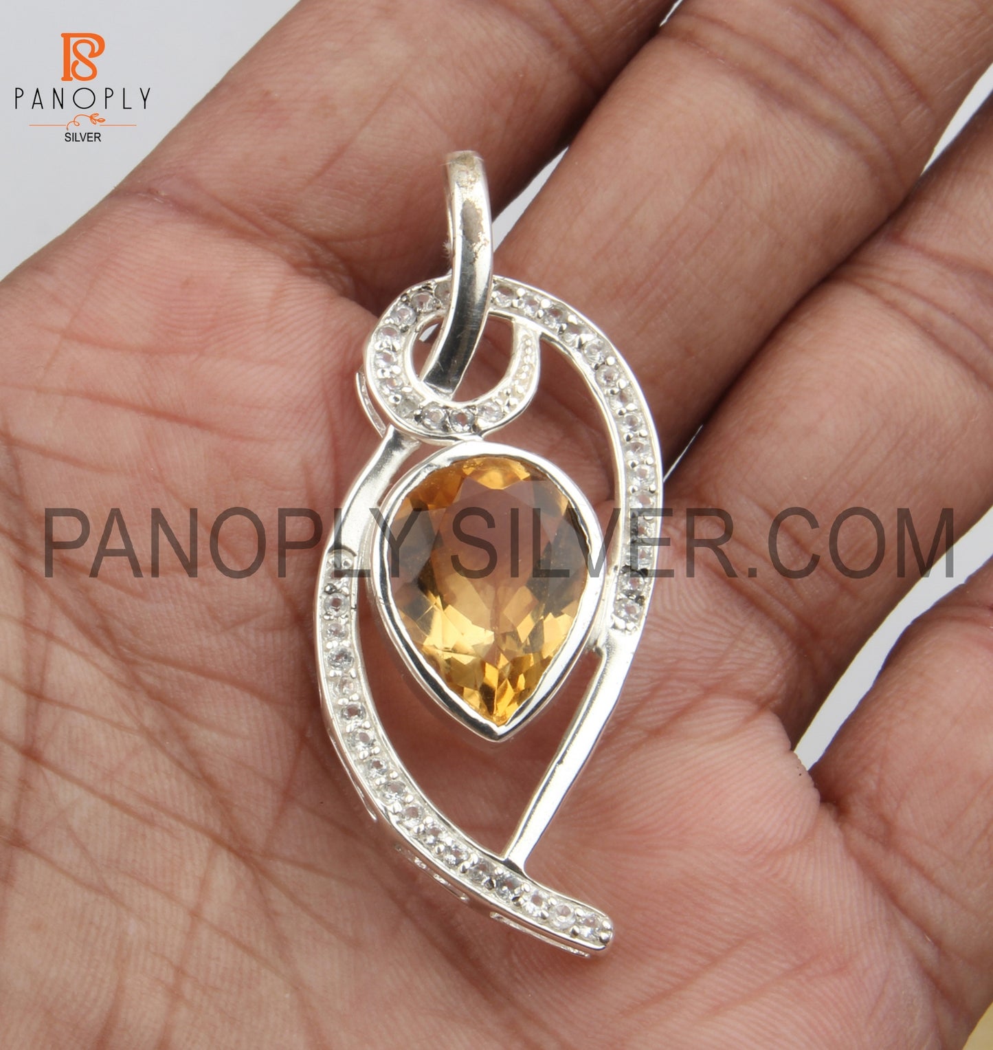 Ladies 925 Silver Genuine Citrine And White Topaz Design Pendant