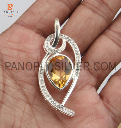 Ladies 925 Silver Genuine Citrine And White Topaz Design Pendant