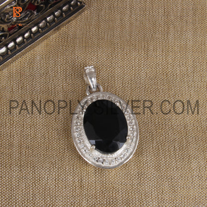 Black Onyx, White Topaz 925 Sterling Silver Prong Set Gemstone Pendant