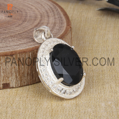 Black Onyx, White Topaz 925 Sterling Silver Prong Set Gemstone Pendant