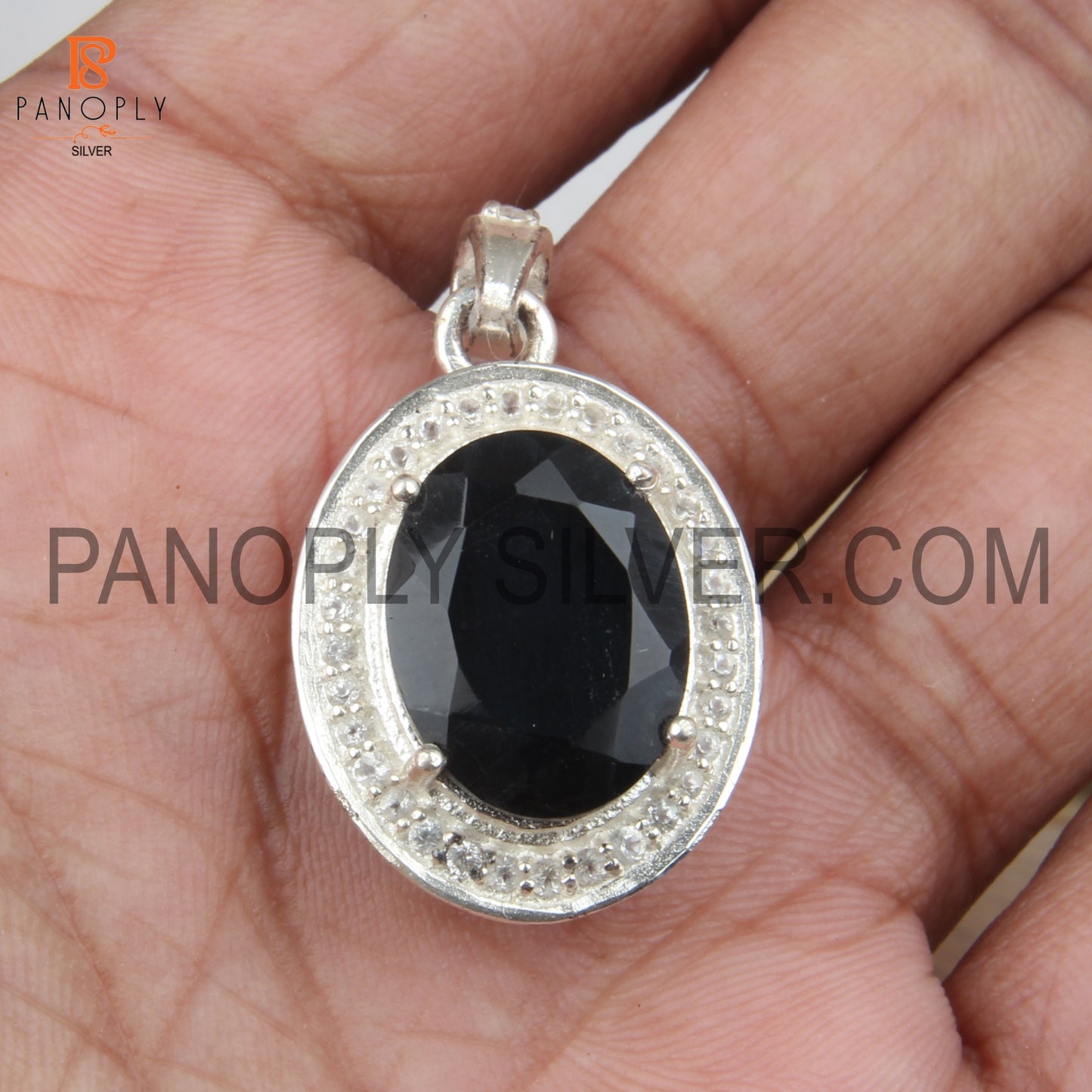 Black Onyx, White Topaz 925 Sterling Silver Prong Set Gemstone Pendant