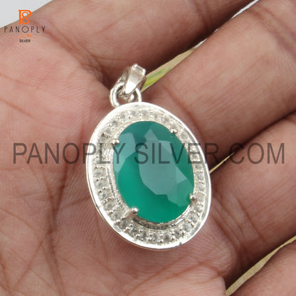 Natural Green Onyx 925 Silver Prong Set Gemstone Pendant