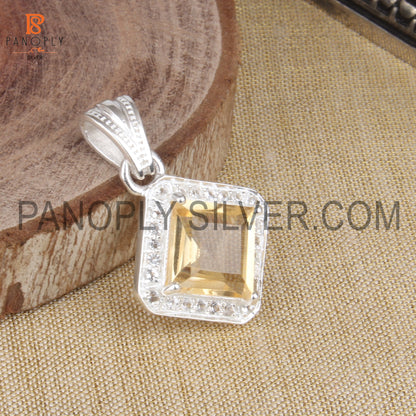 Natural Citrine And White Topaz Gem Designer Silver Halo Pendant