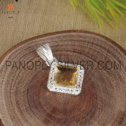 Natural Citrine And White Topaz Gem Designer Silver Halo Pendant