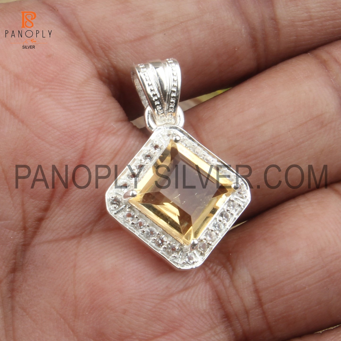 Natural Citrine And White Topaz Gem Designer Silver Halo Pendant