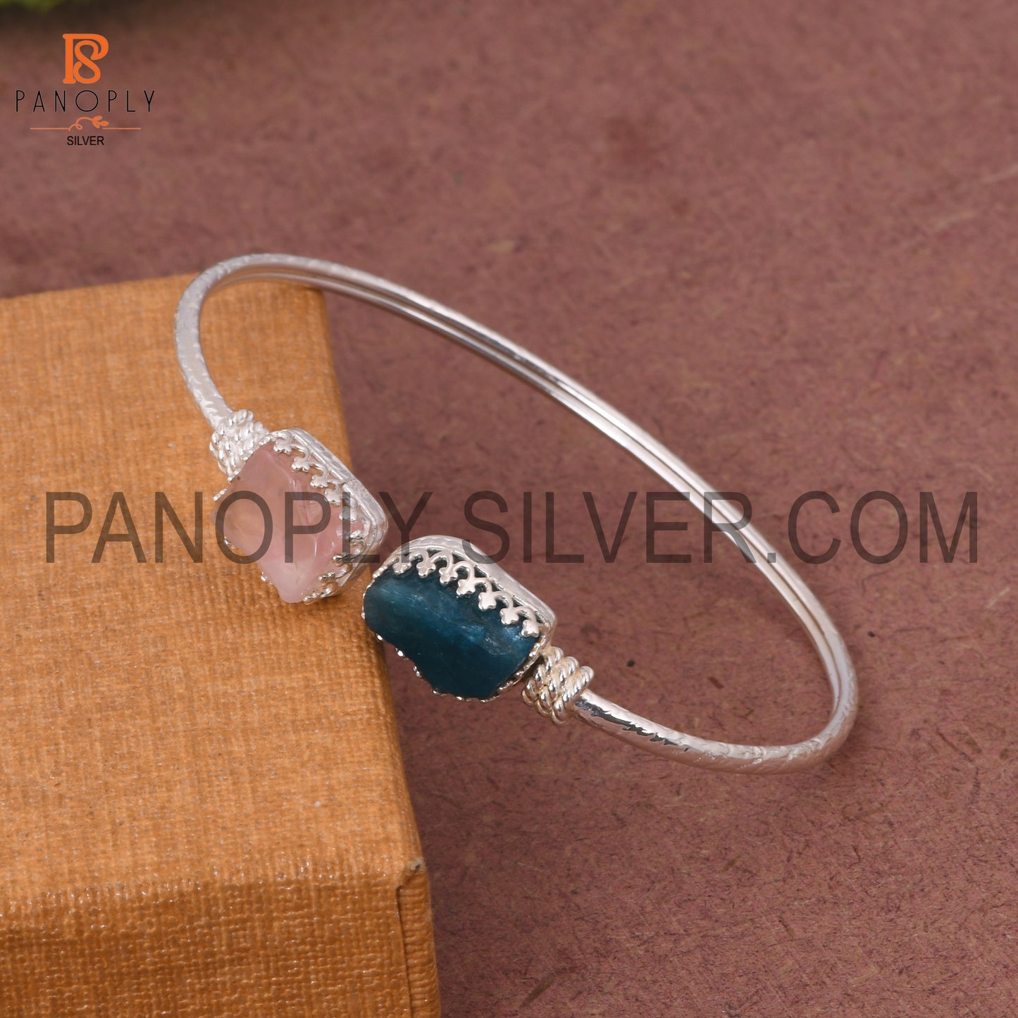 Neon Apatite &amp; Rose Quartz Rough 925 Quality Silver Bangle