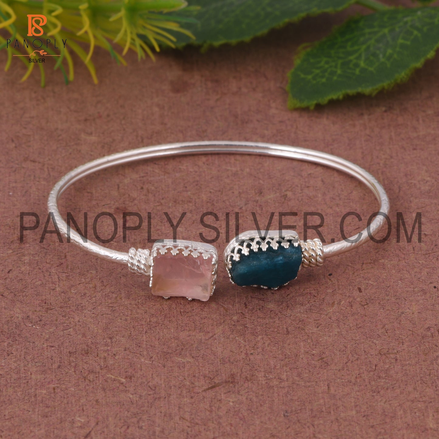 Neon Apatite &amp; Rose Quartz Rough 925 Quality Silver Bangle