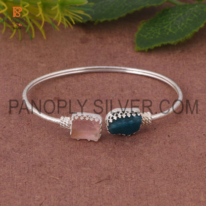 Neon Apatite &amp; Rose Quartz Rough 925 Quality Silver Bangle