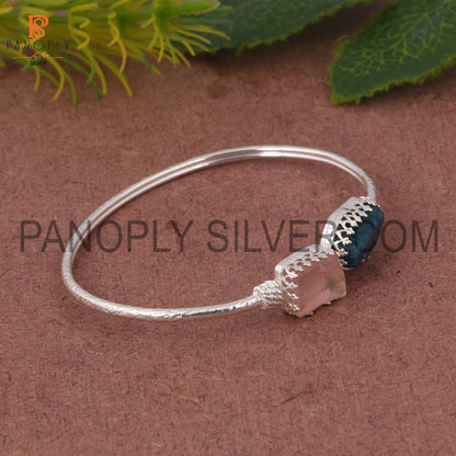 Neon Apatite &amp; Rose Quartz Rough 925 Quality Silver Bangle