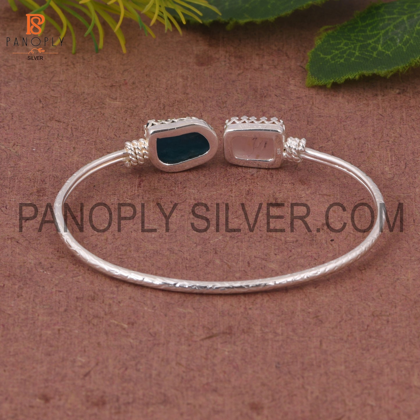 Neon Apatite &amp; Rose Quartz Rough 925 Quality Silver Bangle