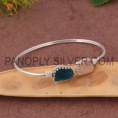 Neon Apatite &amp; Rose Quartz Rough 925 Quality Silver Bangle