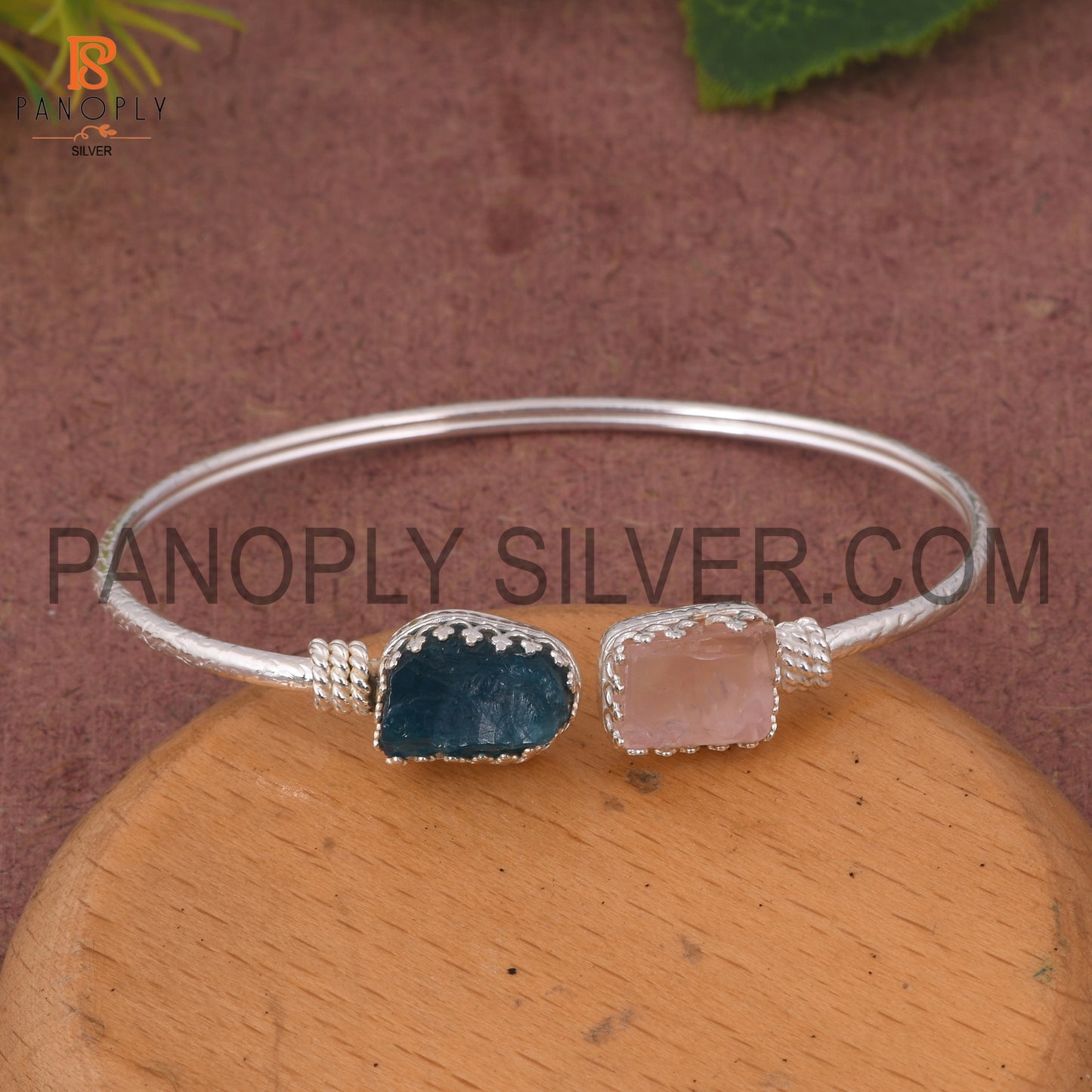 Neon Apatite &amp; Rose Quartz Rough 925 Quality Silver Bangle