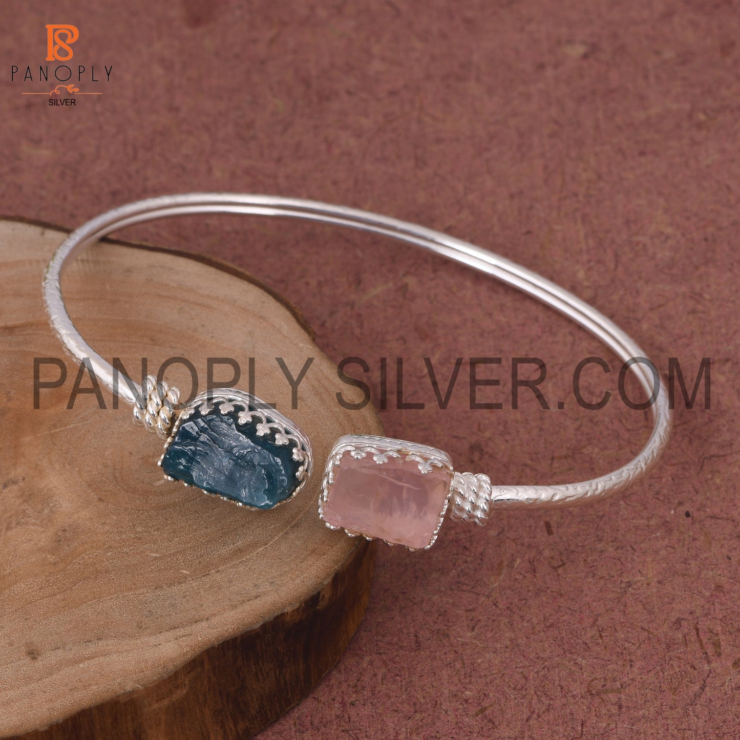 Neon Apatite &amp; Rose Quartz Rough 925 Quality Silver Bangle