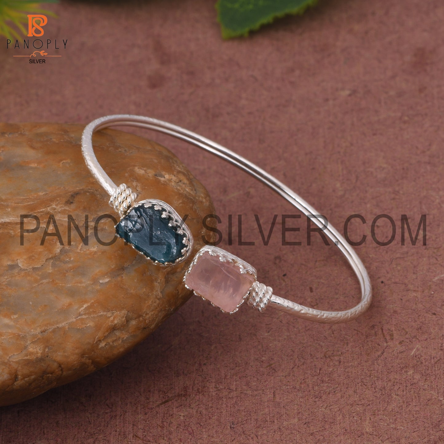 Neon Apatite &amp; Rose Quartz Rough 925 Quality Silver Bangle