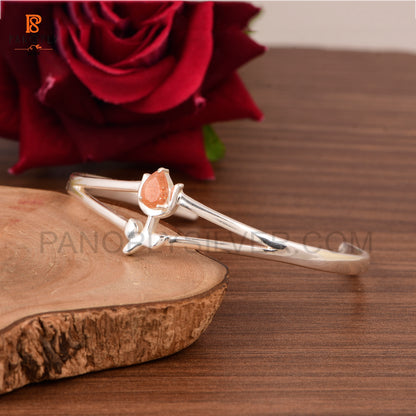 925 Sterling Silver Tulip Flower Cuff Bracelet with Sunstone