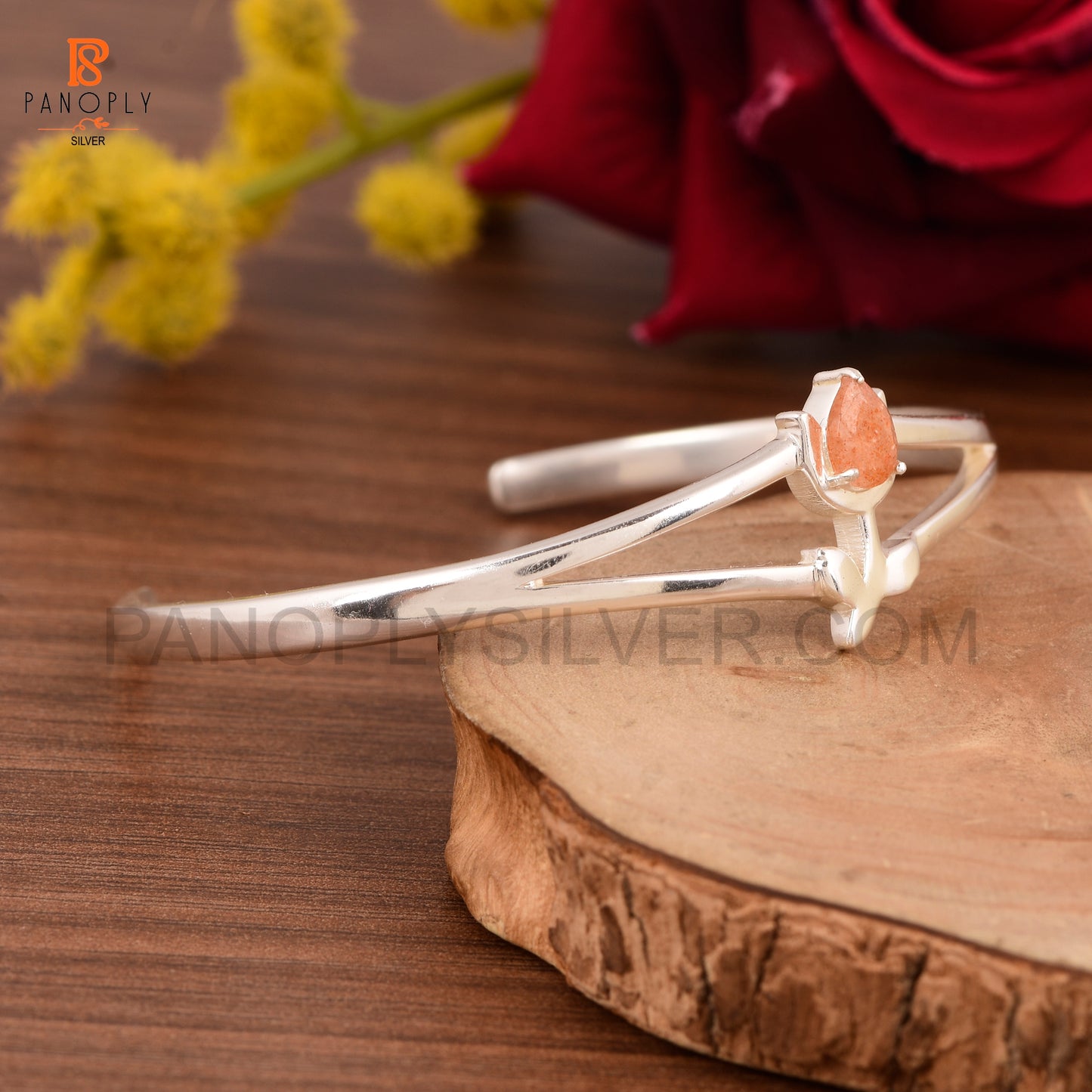 925 Sterling Silver Tulip Flower Cuff Bracelet with Sunstone