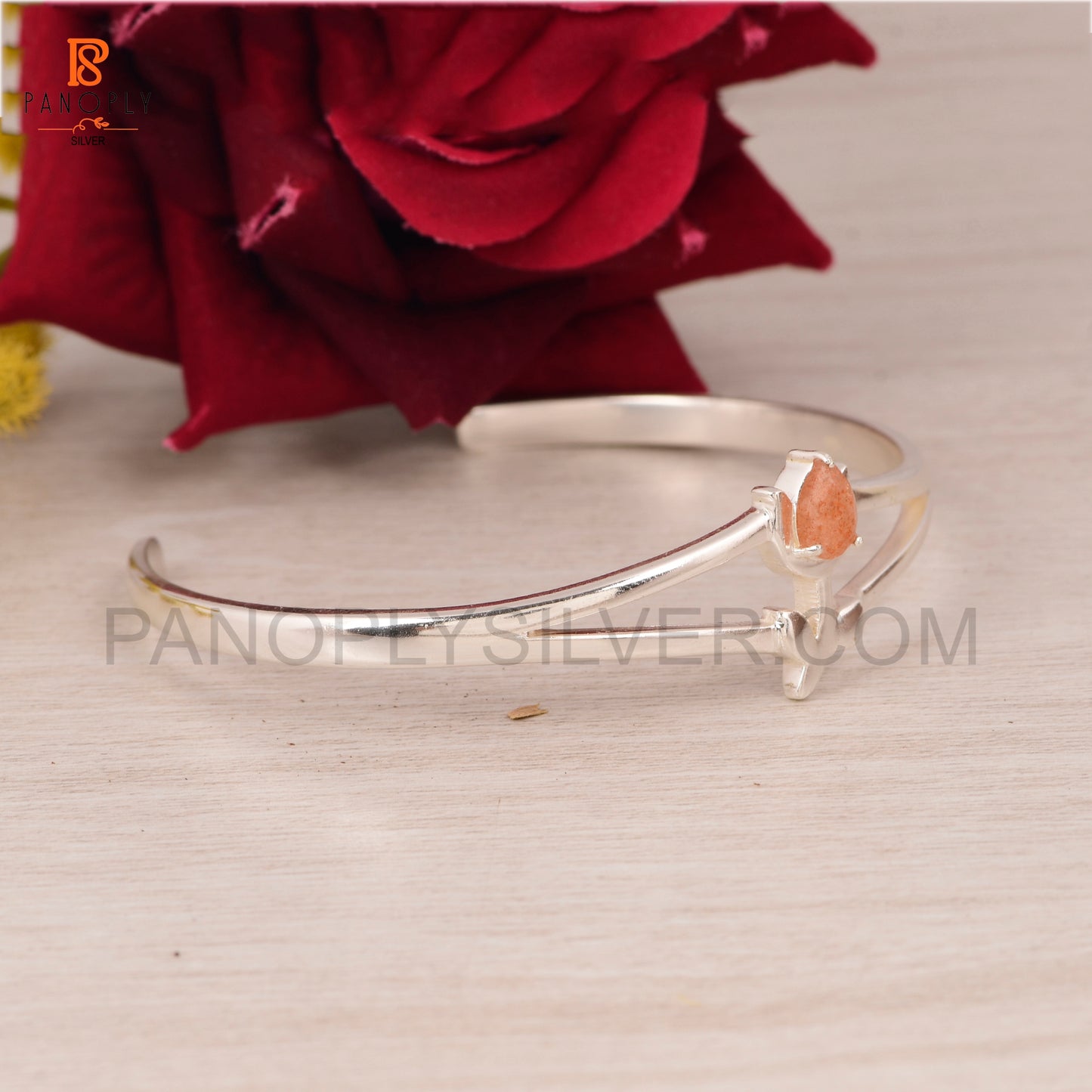 925 Sterling Silver Tulip Flower Cuff Bracelet with Sunstone