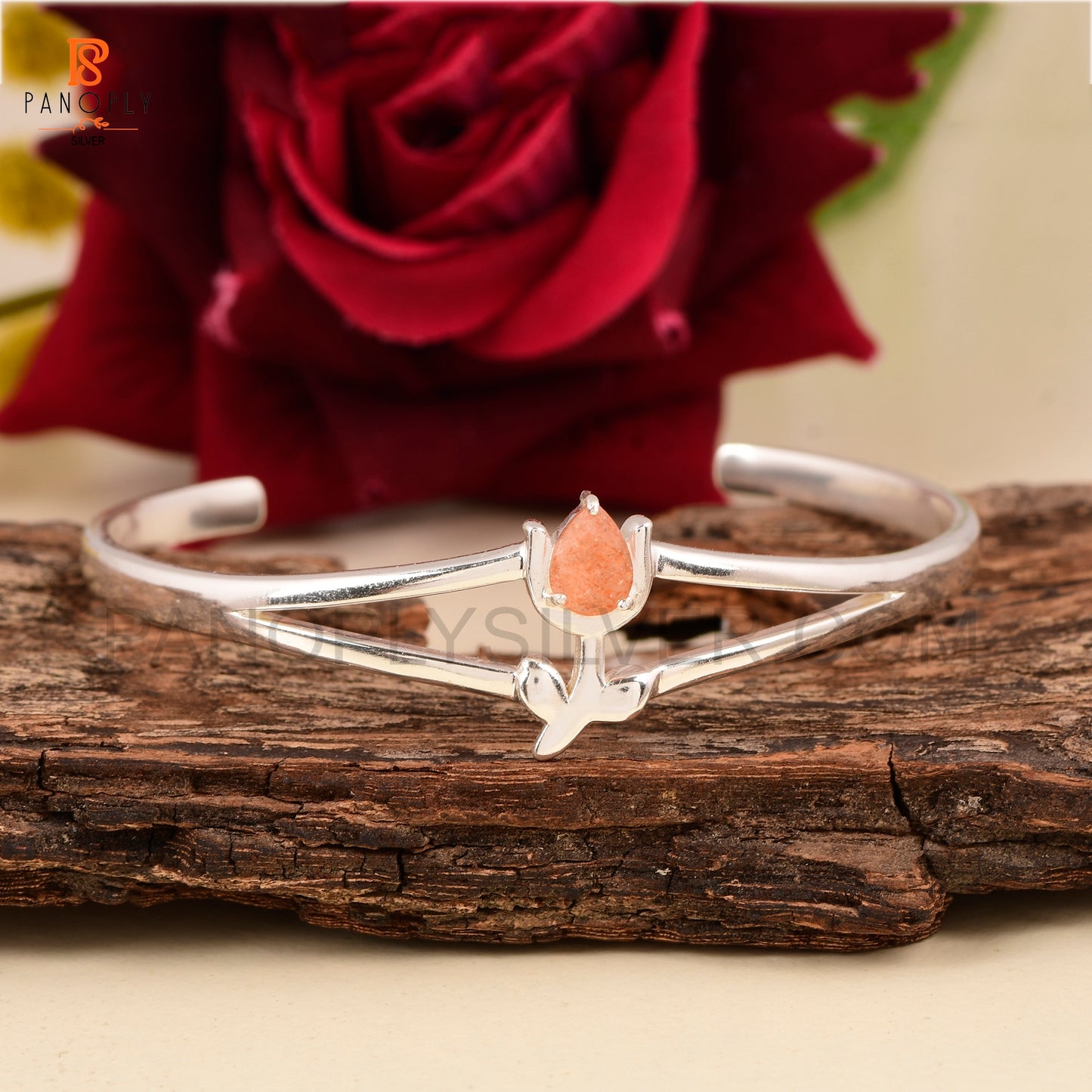 925 Sterling Silver Tulip Flower Cuff Bracelet with Sunstone