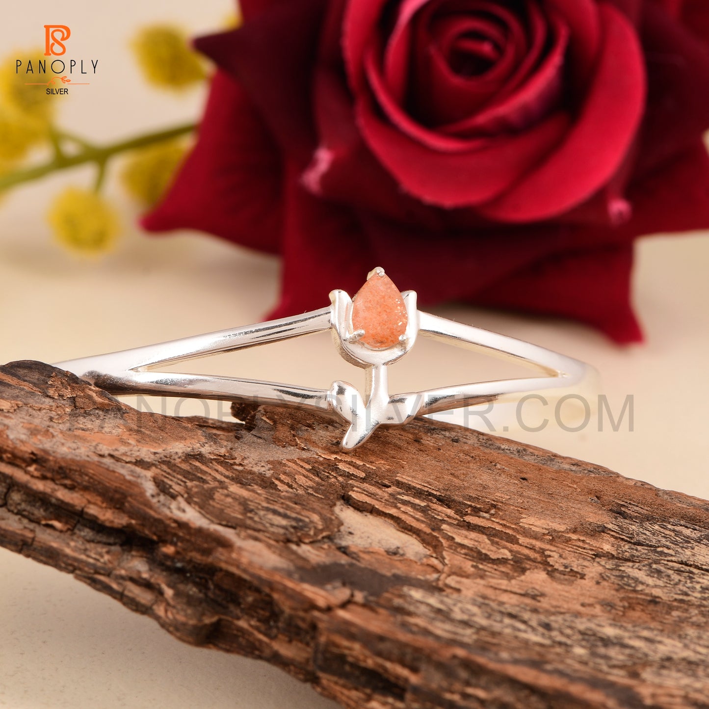 925 Sterling Silver Tulip Flower Cuff Bracelet with Sunstone