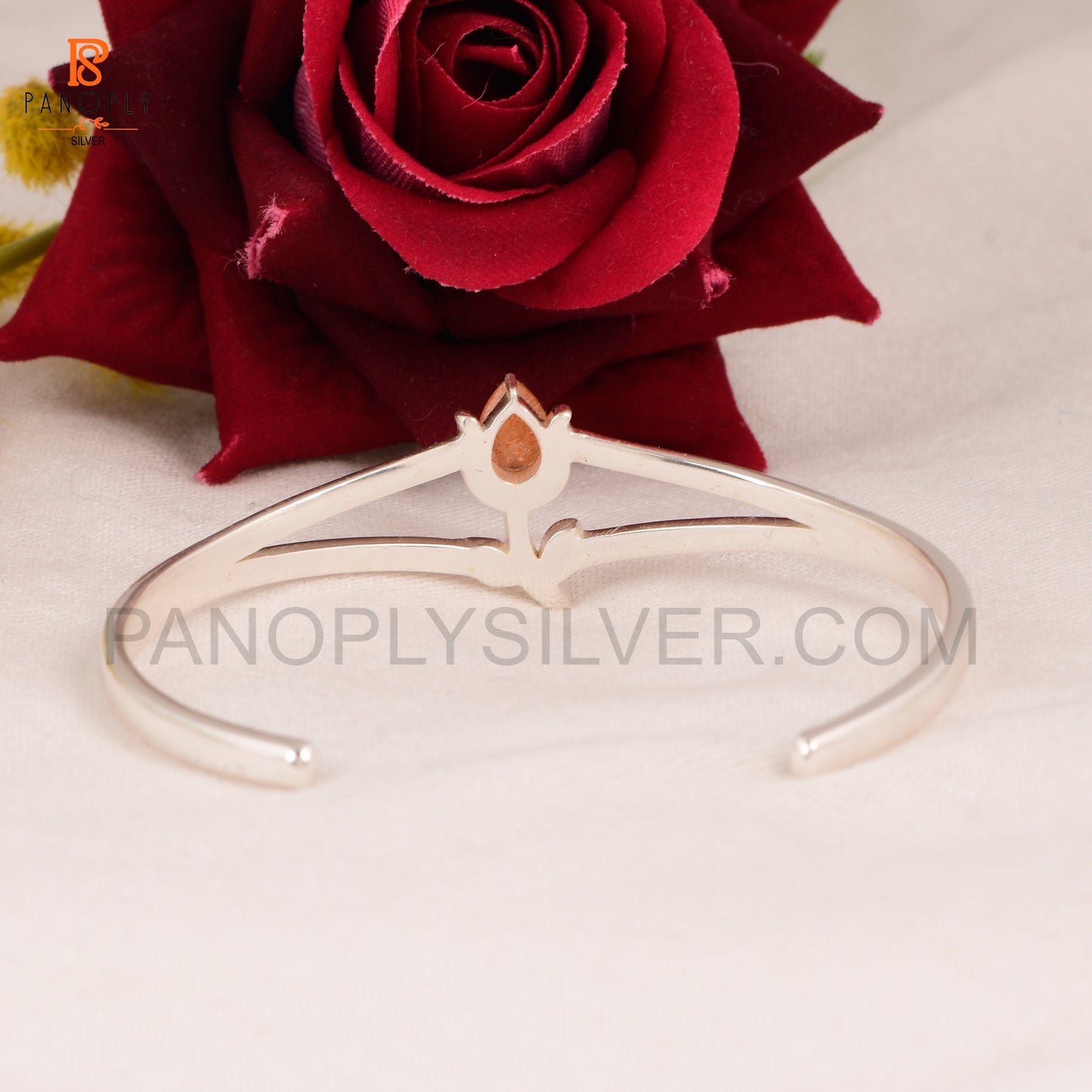 925 Sterling Silver Tulip Flower Cuff Bracelet with Sunstone