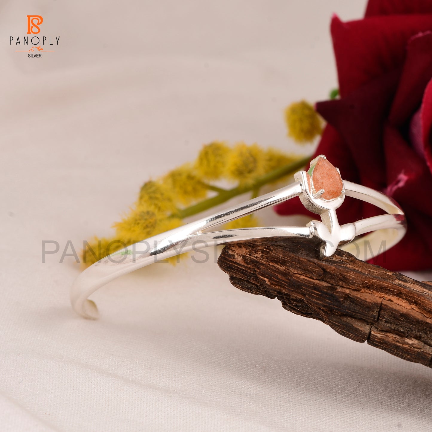 925 Sterling Silver Tulip Flower Cuff Bracelet with Sunstone