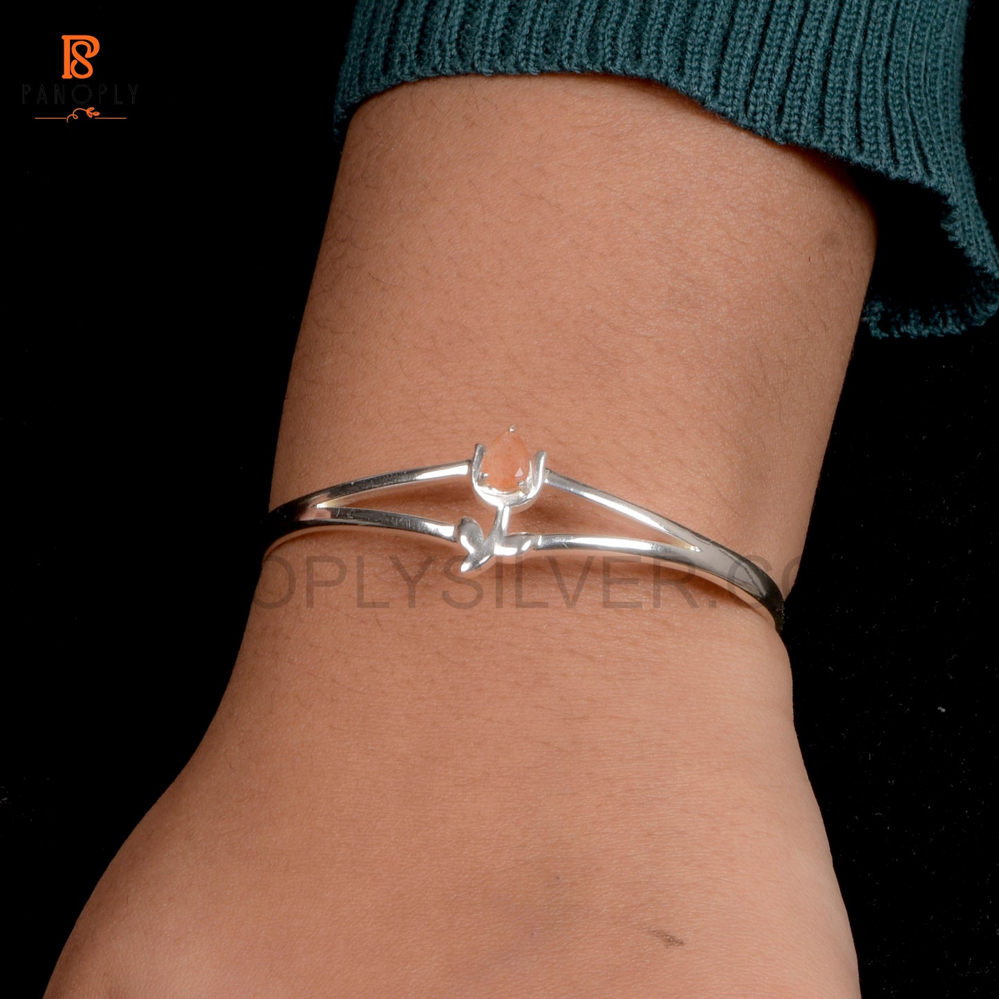 925 Sterling Silver Tulip Flower Cuff Bracelet with Sunstone