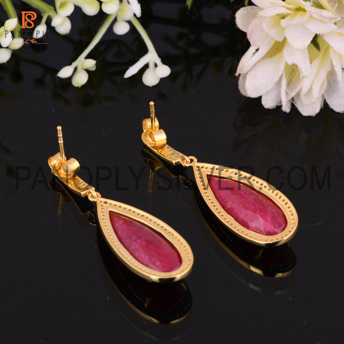 14K Gold Pear Ruby Corundum, Cz Drop Wedding Earrings