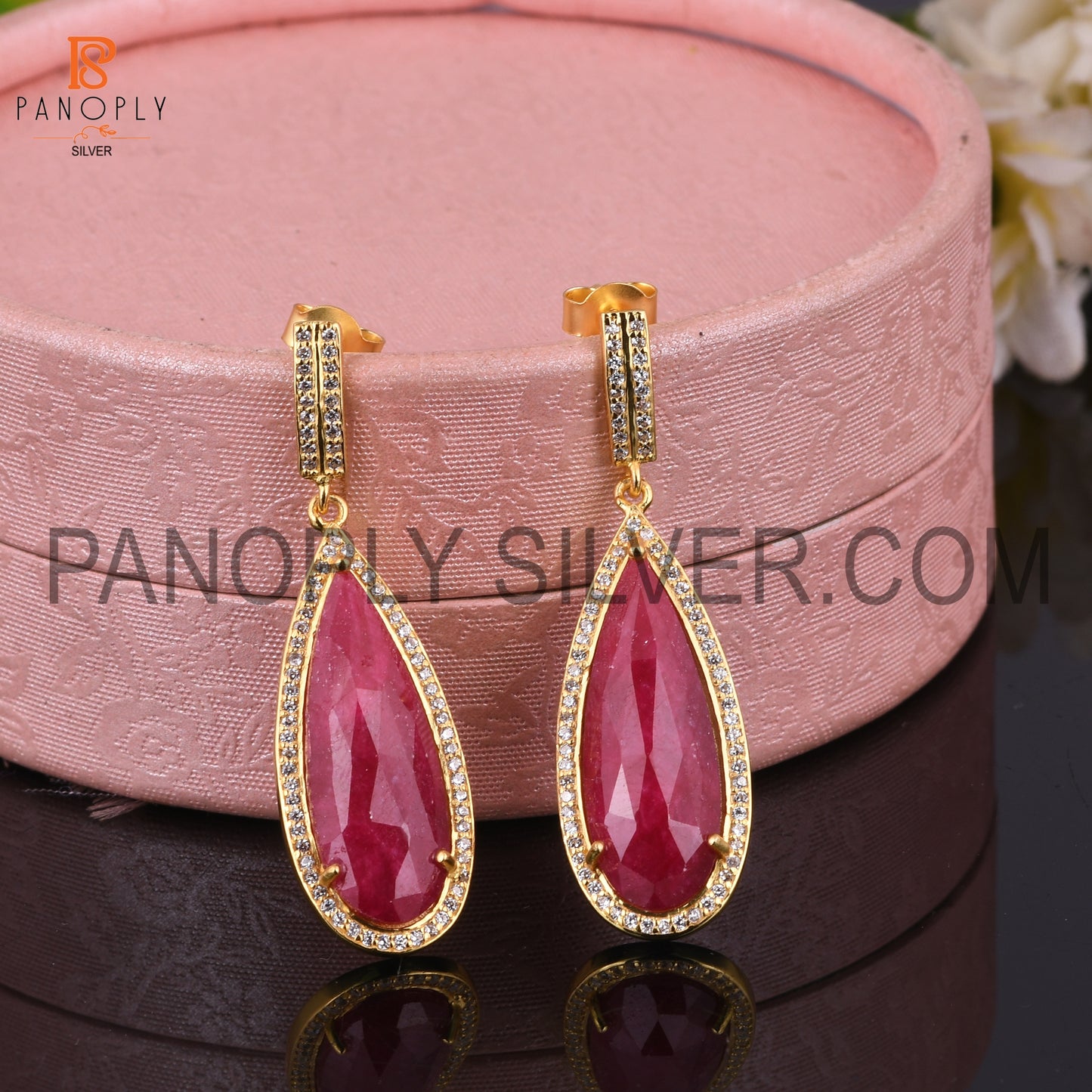 14K Gold Pear Ruby Corundum, Cz Drop Wedding Earrings