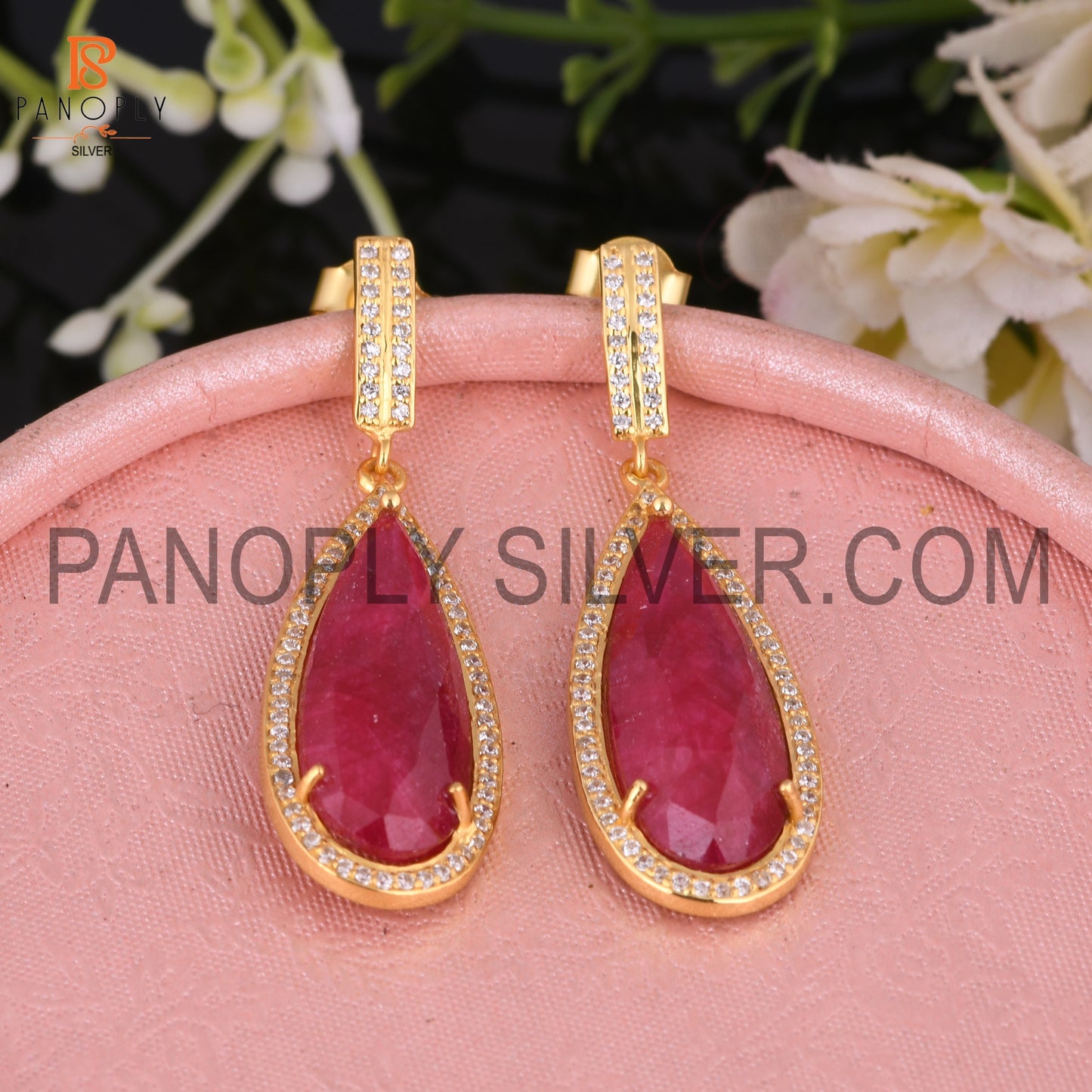 14K Gold Pear Ruby Corundum, Cz Drop Wedding Earrings