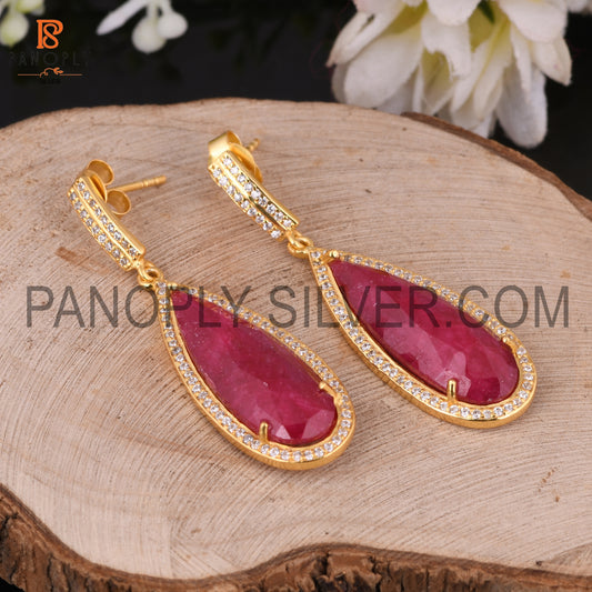 14K Gold Pear Ruby Corundum, Cz Drop Wedding Earrings