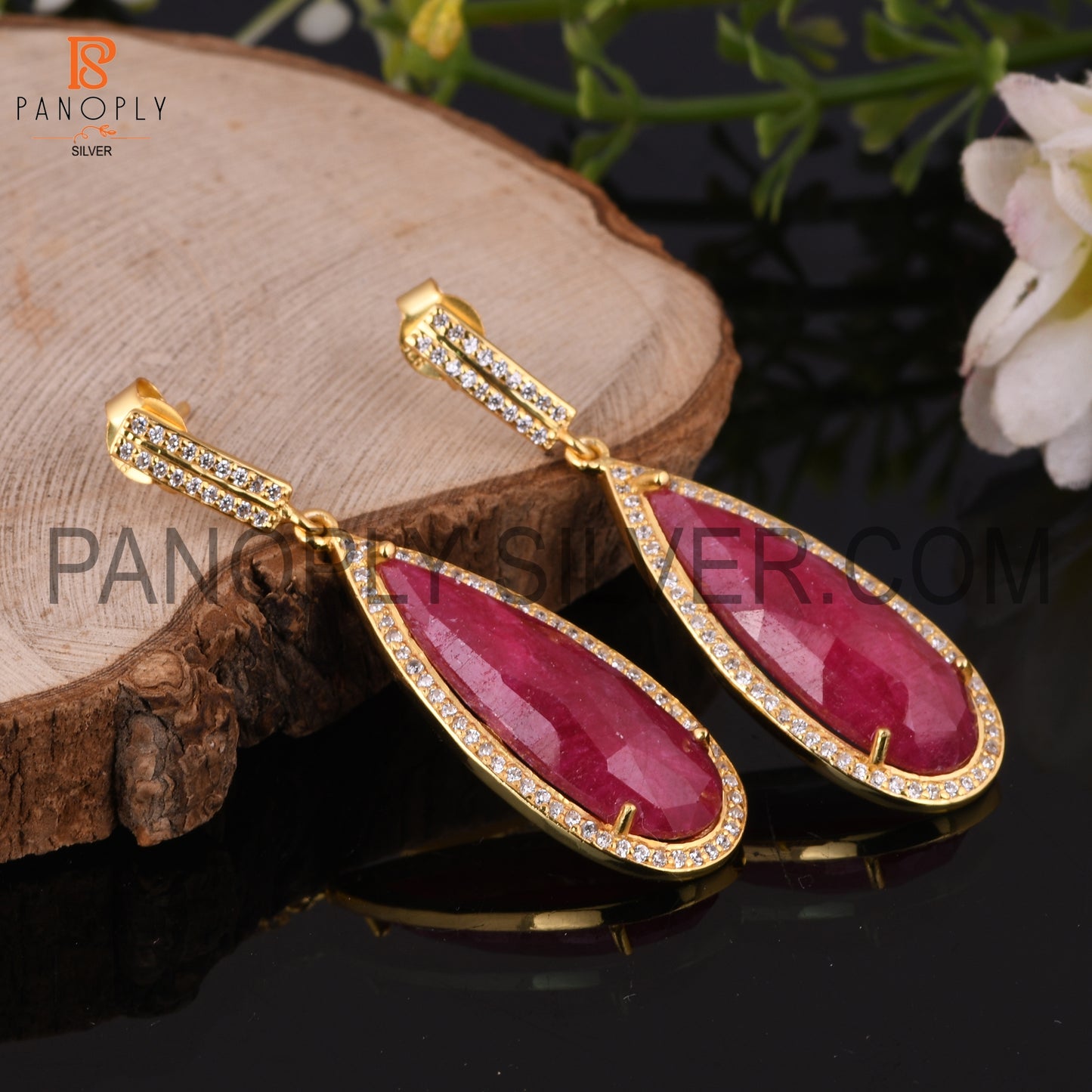 14K Gold Pear Ruby Corundum, Cz Drop Wedding Earrings