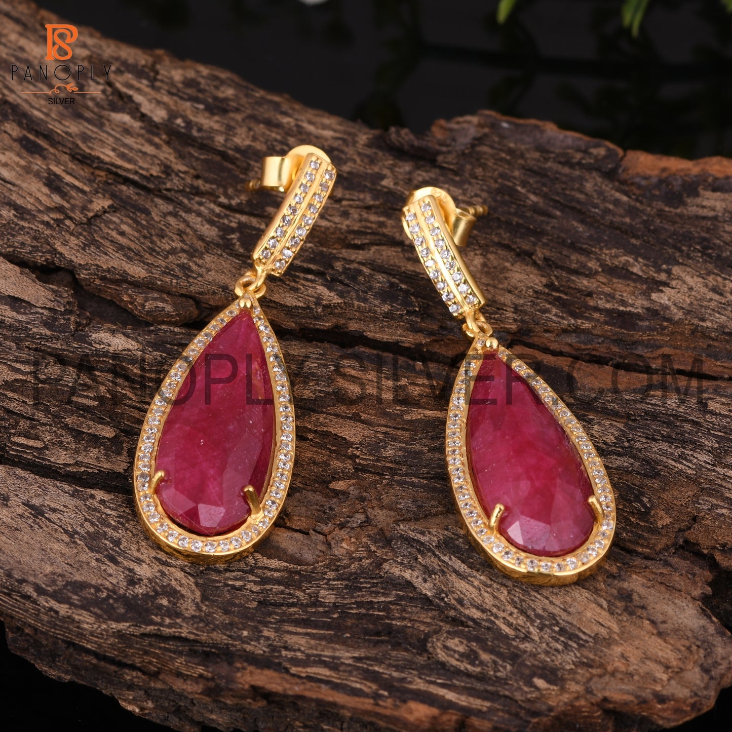 14K Gold Pear Ruby Corundum, Cz Drop Wedding Earrings