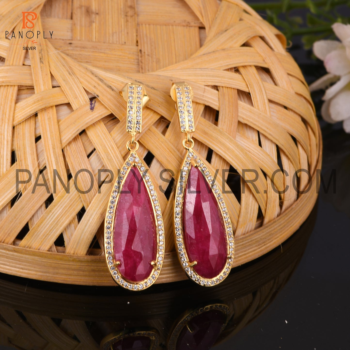 14K Gold Pear Ruby Corundum, Cz Drop Wedding Earrings