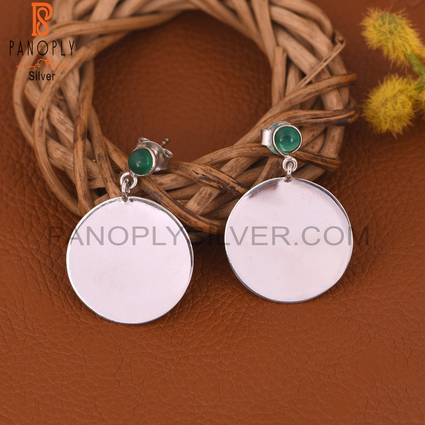 Green Onyx Gemstone 925 Silver Disc Earrings