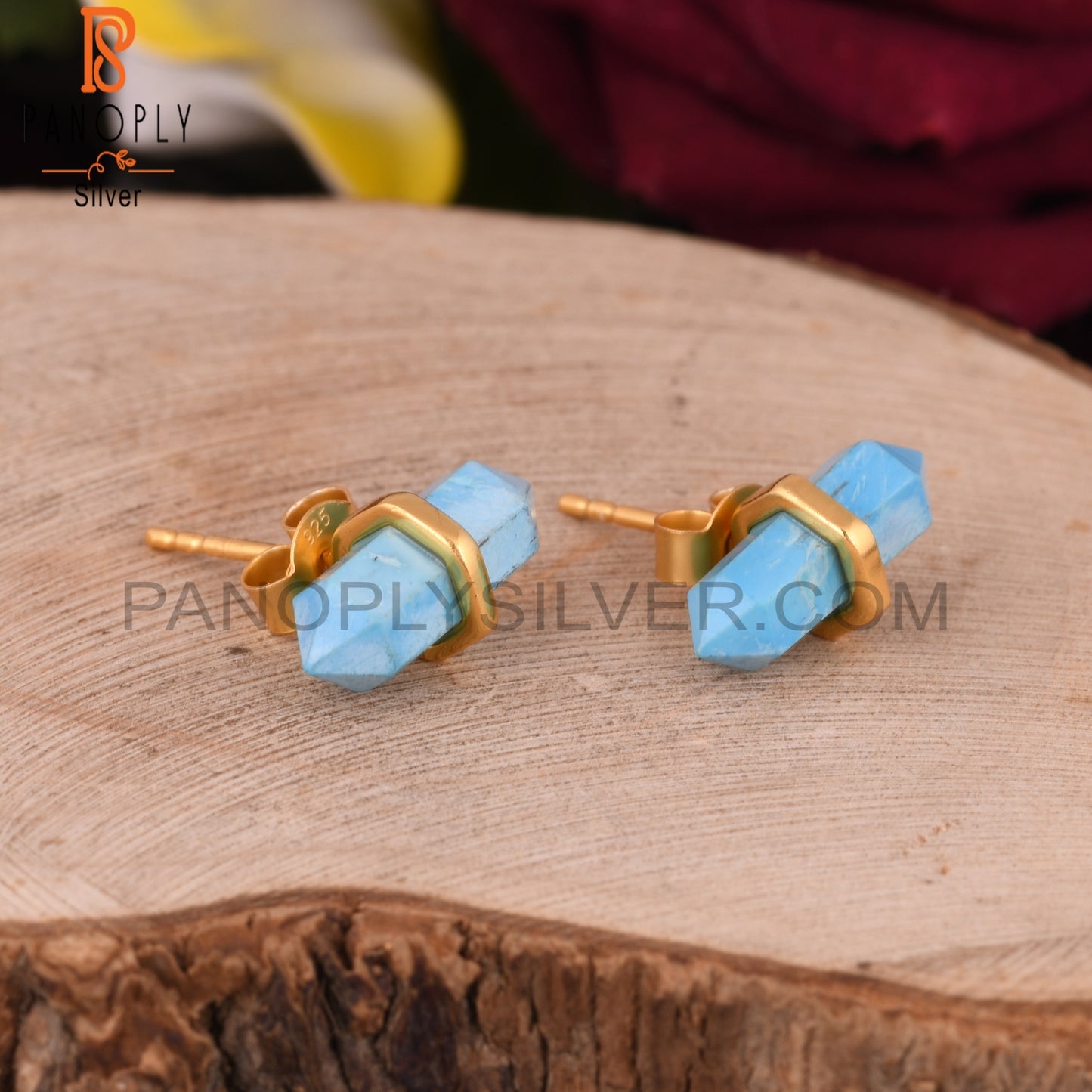 Handcrafted Turquoise Pencil Gold 925 Silver Earrings