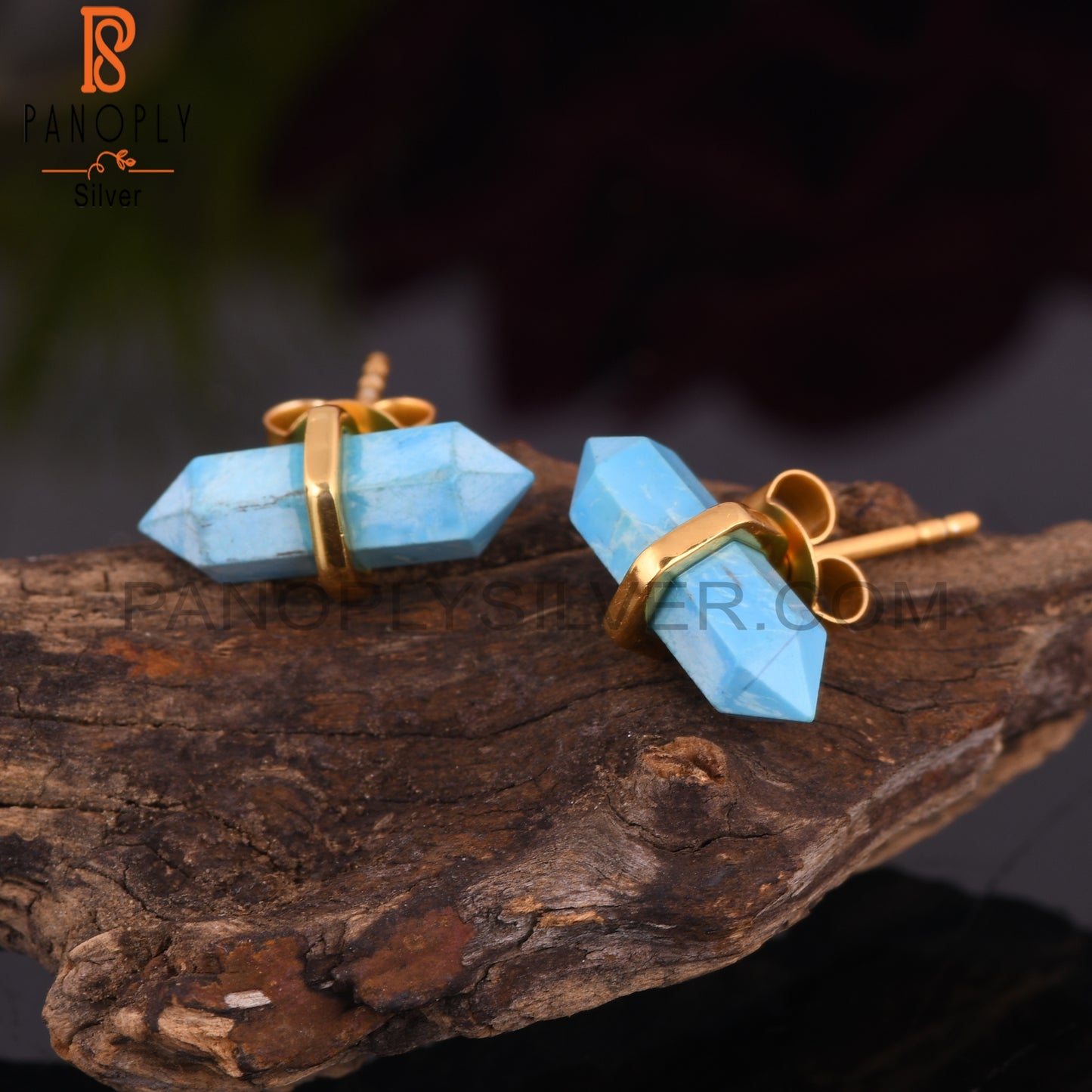 Handcrafted Turquoise Pencil Gold 925 Silver Earrings