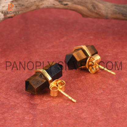 Tiger Eye Yellow Terminated Pencil Cut 925 Silver Earrings