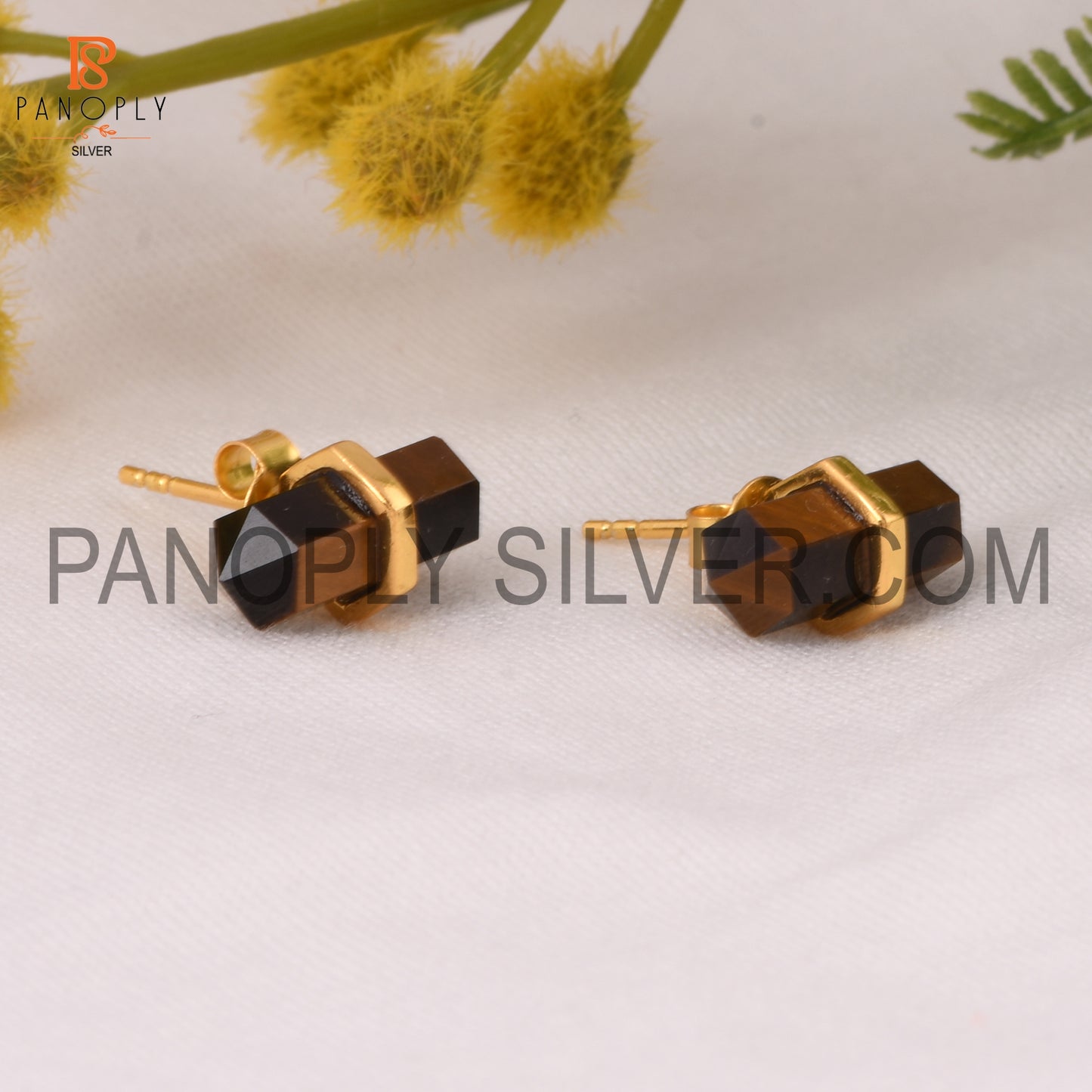 Tiger Eye Yellow Terminated Pencil Cut 925 Silver Earrings