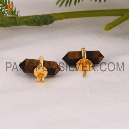 Tiger Eye Yellow Terminated Pencil Cut 925 Silver Earrings