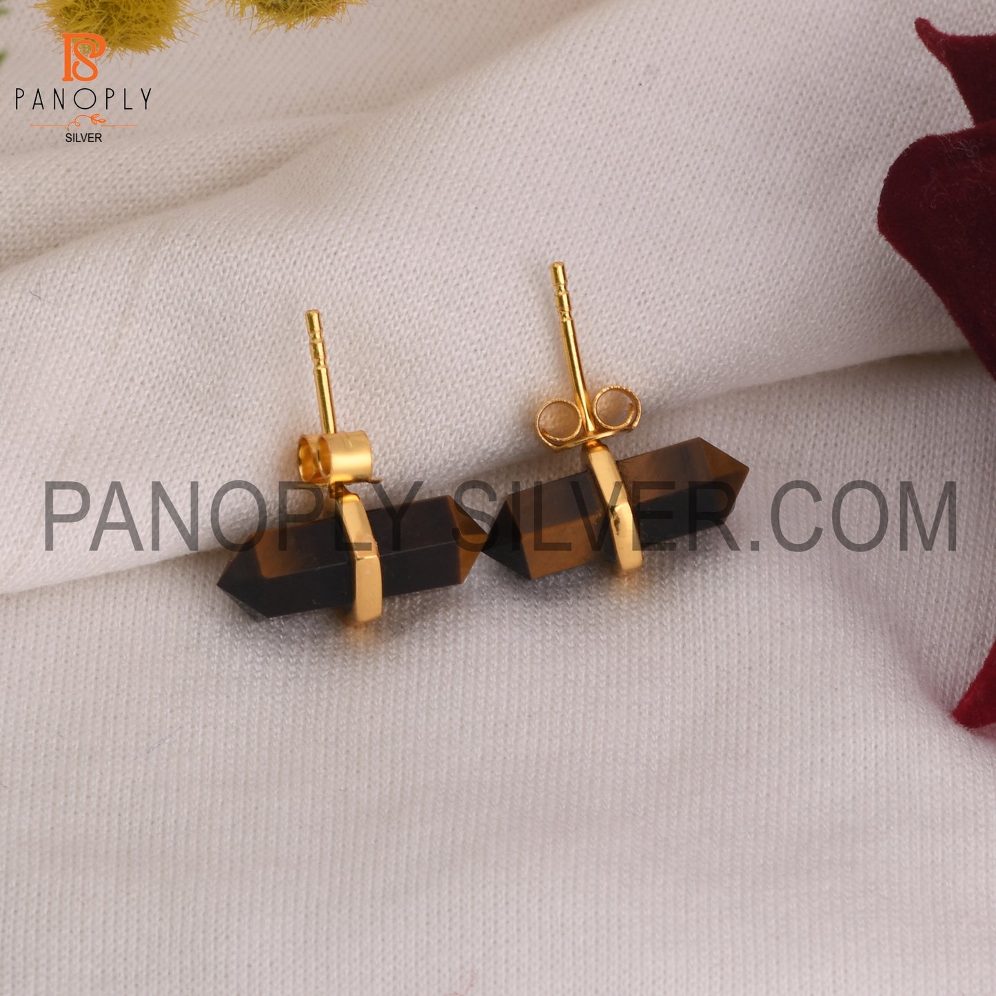 Tiger Eye Yellow Terminated Pencil Cut 925 Silver Earrings