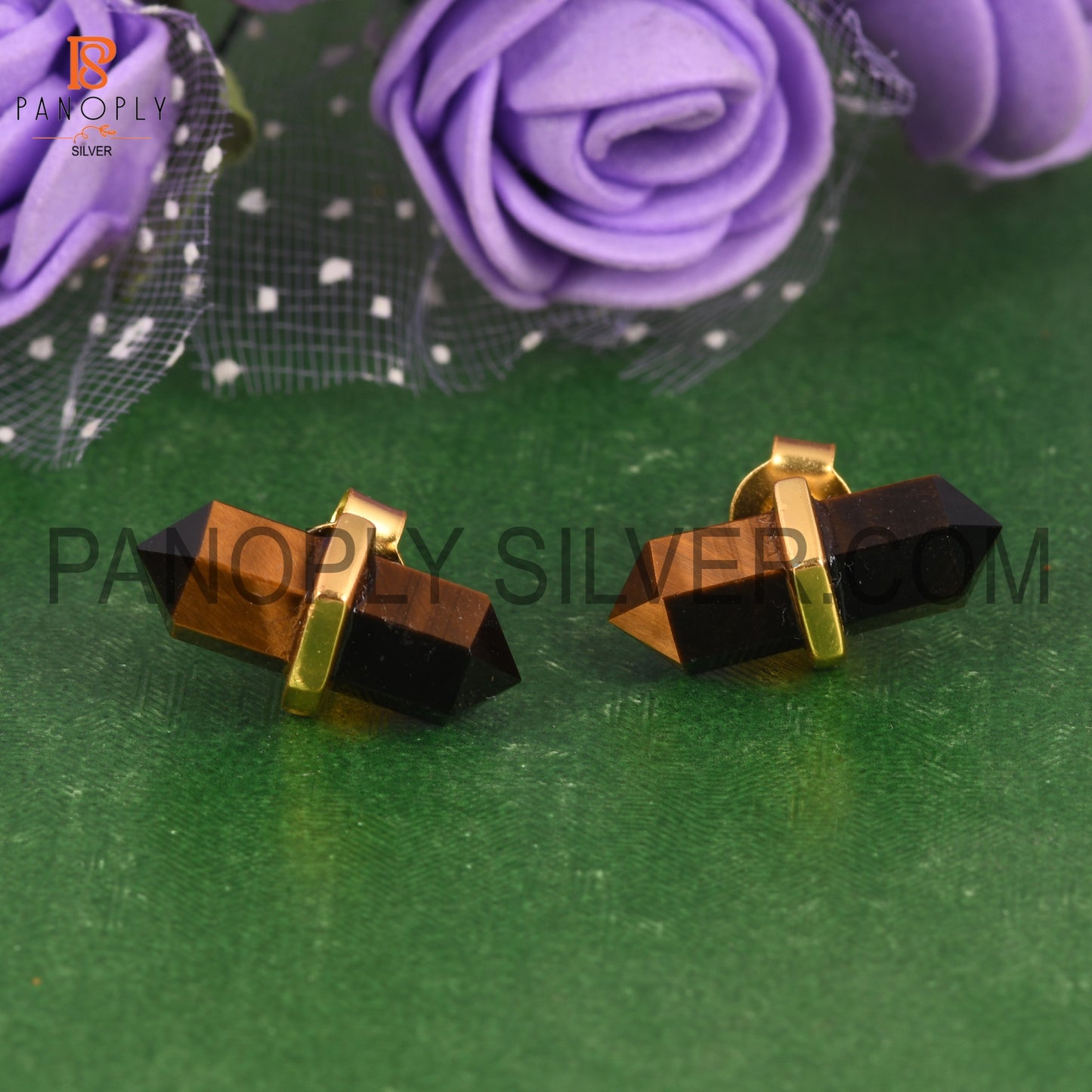 Tiger Eye Yellow Terminated Pencil Cut 925 Silver Earrings