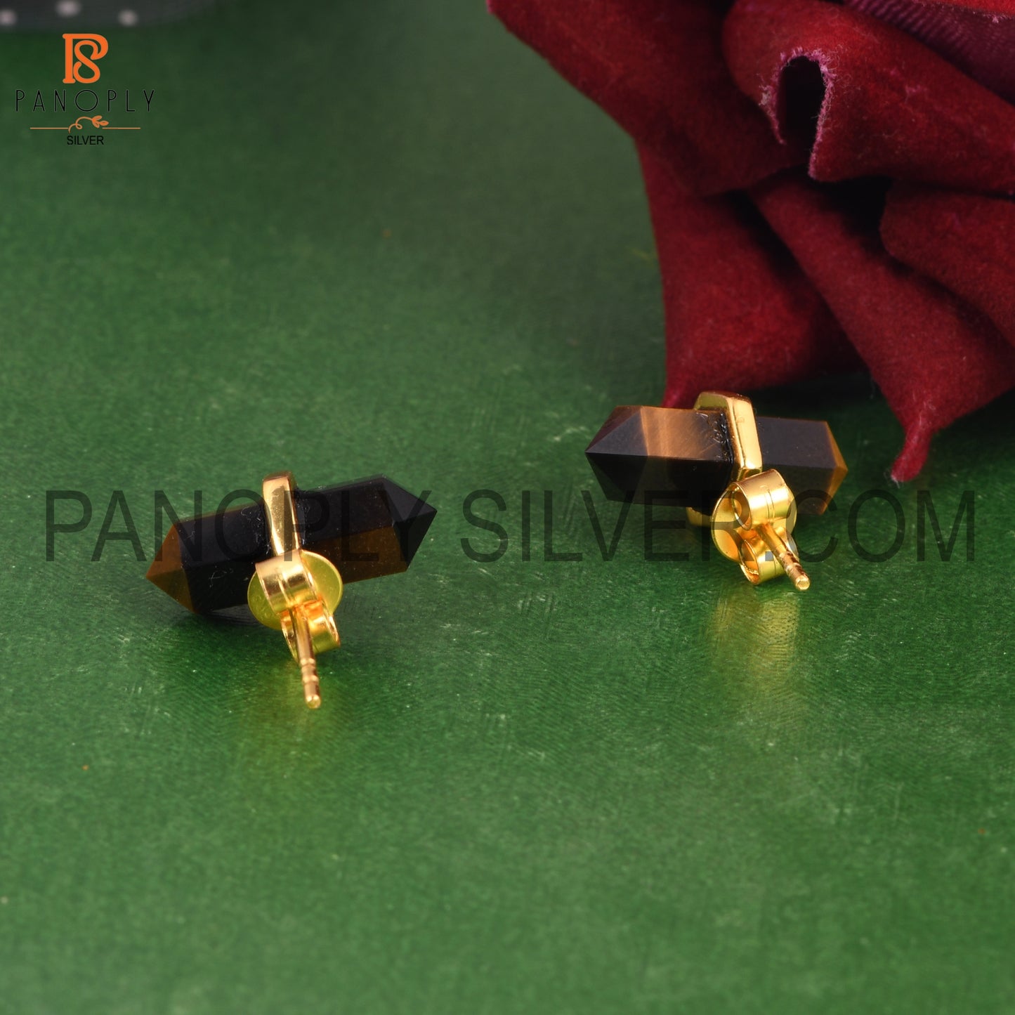 Tiger Eye Yellow Terminated Pencil Cut 925 Silver Earrings