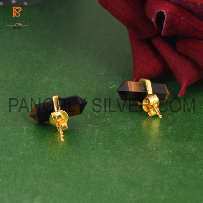 Tiger Eye Yellow Terminated Pencil Cut 925 Silver Earrings